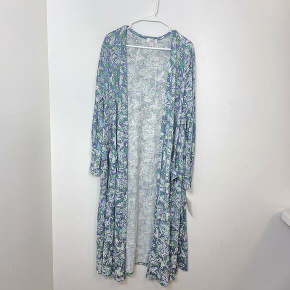 Lularoe Blue Green White Eclectic Linen Blend Boho Long Cardigan Size XL - Picture 2 of 10
